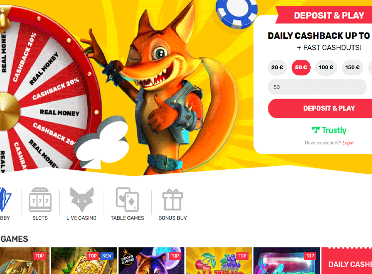 Crazy Fox Casino Home Screen