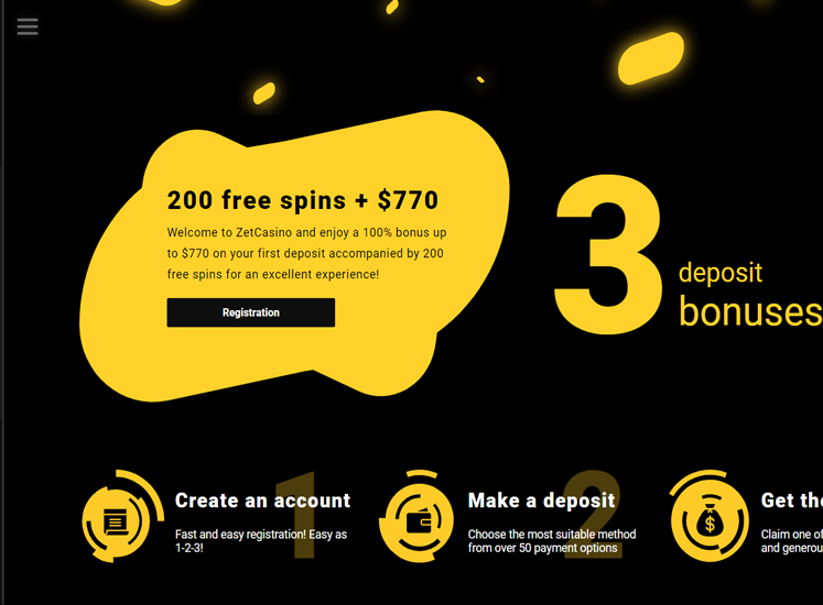 Zet Casino Home Screen