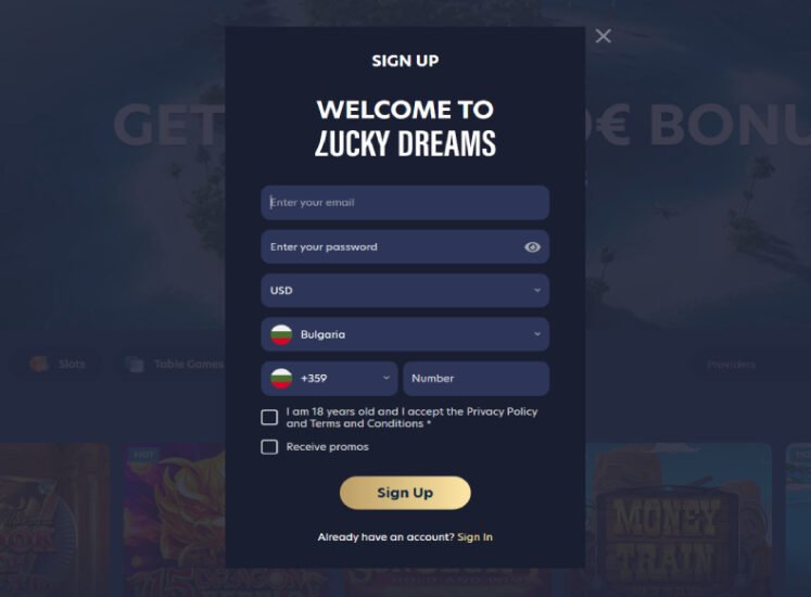 Lucky Dreams Casino Registration Screen
