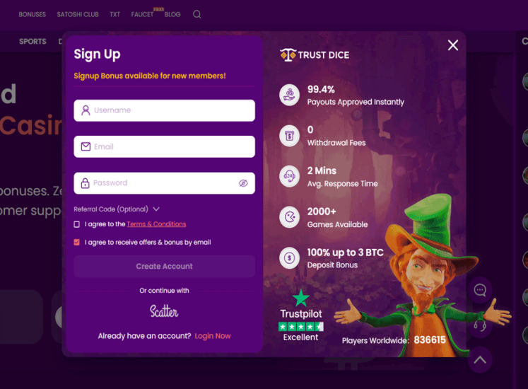 TrustDice Casino Registration Screen
