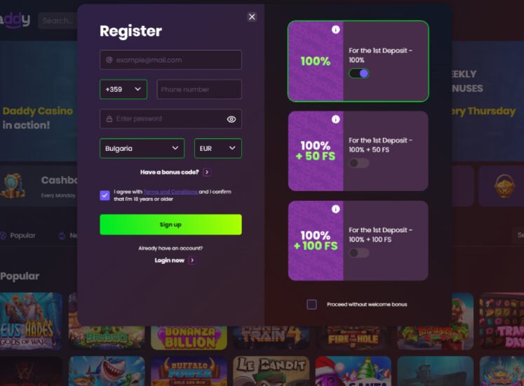 Daddy Casino registration Screen